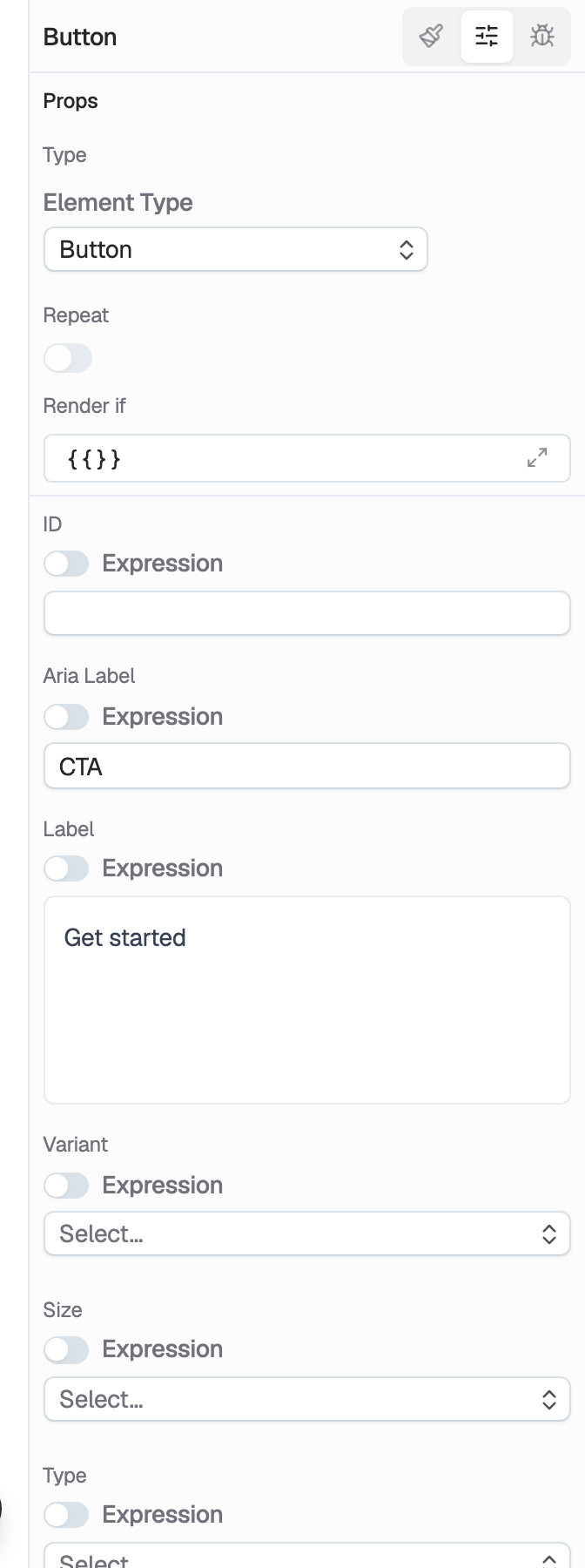 Button props inspector: literals on Label and Aria Label